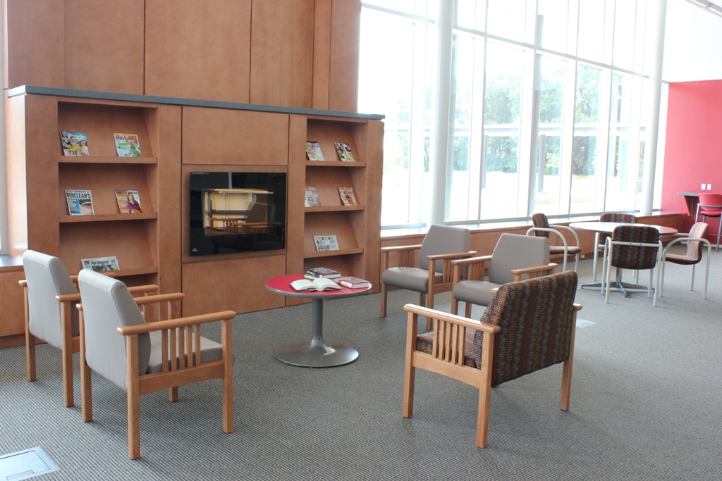 Fireplace and chairs at the Komoka Library