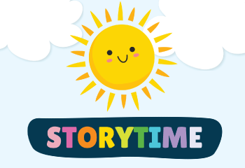 A smiling sun on a blue background.  Storytime in muli coloured letters.